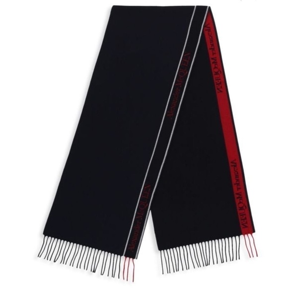 Alexander Mcqueen Navy Blue Selvedge Fringe Wool/Cashmere Unisex Scarf NWT $420